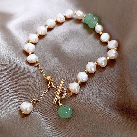 Vintage Pearl & Gold Green Gem Bracelet-Maryam Jewelry