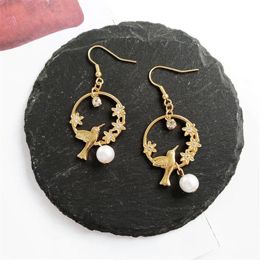 Gold Bird Flower & Pearl Drop Earrings-Maryam Jewelry