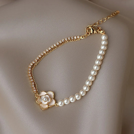 Vintage Pearl & Gold Floral Bracelet-Maryam Jewelry