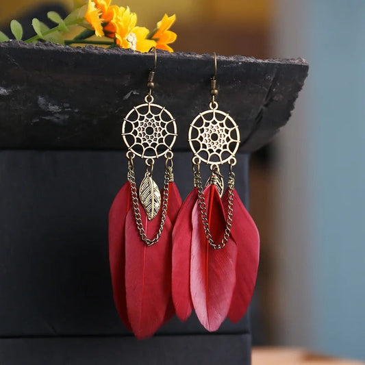 Vintage Dreamcatcher & Red Feather Dangle Earrings-Maryam Jewelry