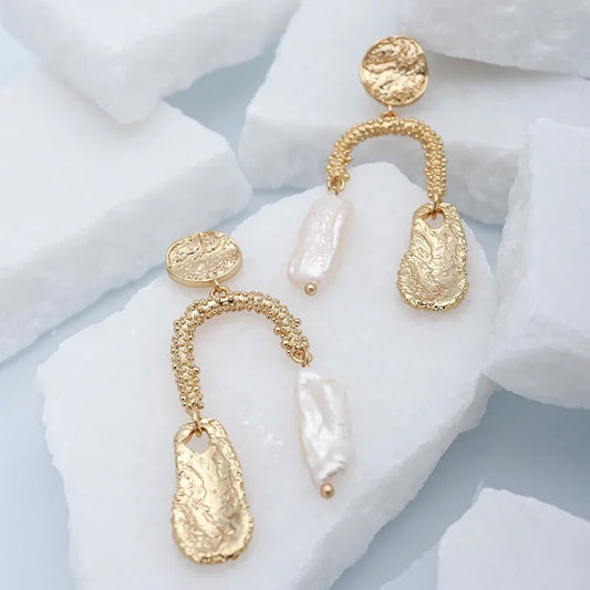 Vintage Gold Freshwater Pearl Dangle Earrings-Maryam Jewelry