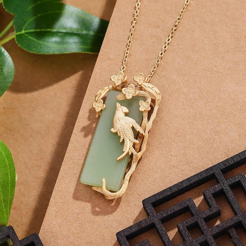 Gold Bird Green Gem & Magpie Flower Branch Pendant Necklace-Maryam Jewelry