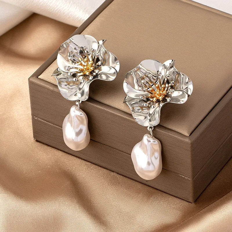 Vintage Silver Flower Pearl Drop Earrings-Maryam Jewelry