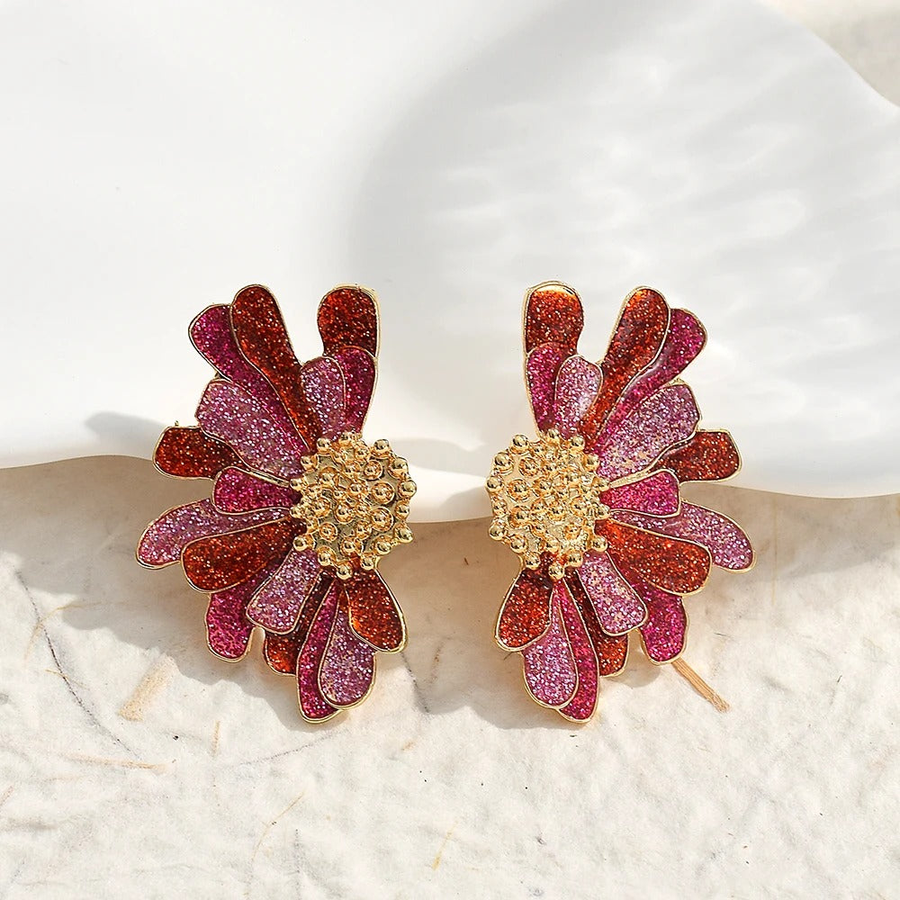 Vintage Pink & Red Glitter Flower Gold Earrings-Maryam Jewelry