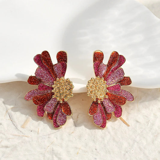 Vintage Pink & Red Glitter Flower Gold Earrings-Maryam Jewelry