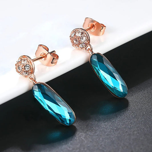 Vintage Rose Gold Teal Crystal Charm Drop Earrings-Maryam Jewelry