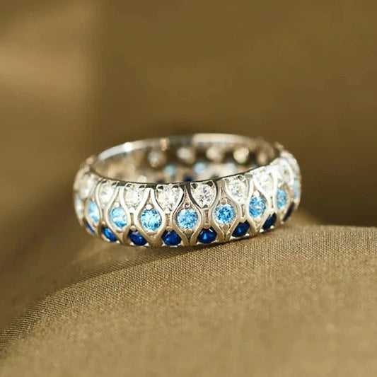Vintage Two-Tone Blue Crystal Band Ring-Maryam Jewelry