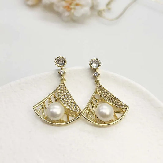 Gold Pearl & Crystal Dangle Earrings-Maryam Jewelry