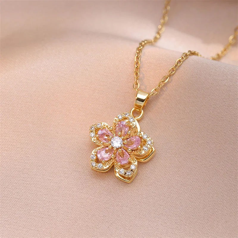 Gold Pink Crystal Flower Necklace-Maryam Jewelry
