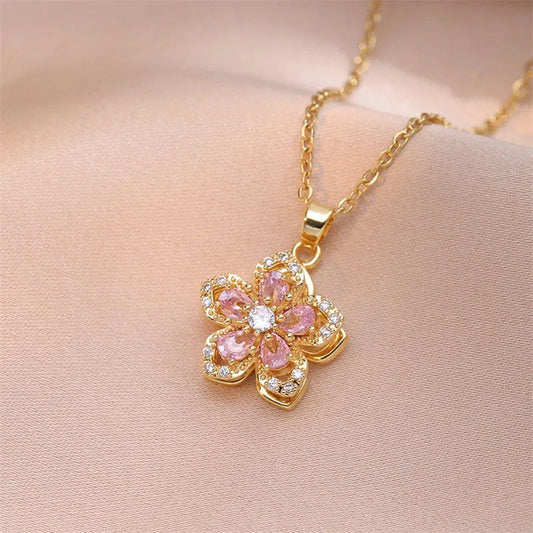 Gold Pink Crystal Flower Necklace-Maryam Jewelry