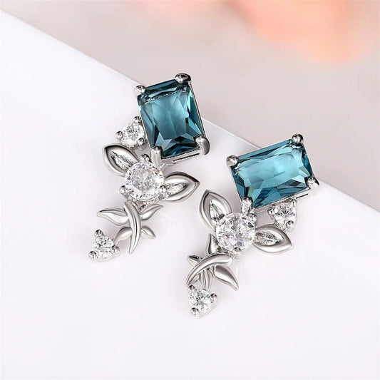 Silver Rectangle Blue Stone Earrings-Maryam Jewelry