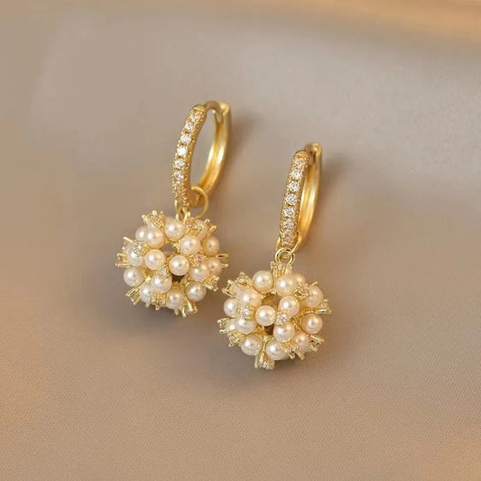 Gold Pearl Cluster Hoop Earrings-Maryam Jewelry
