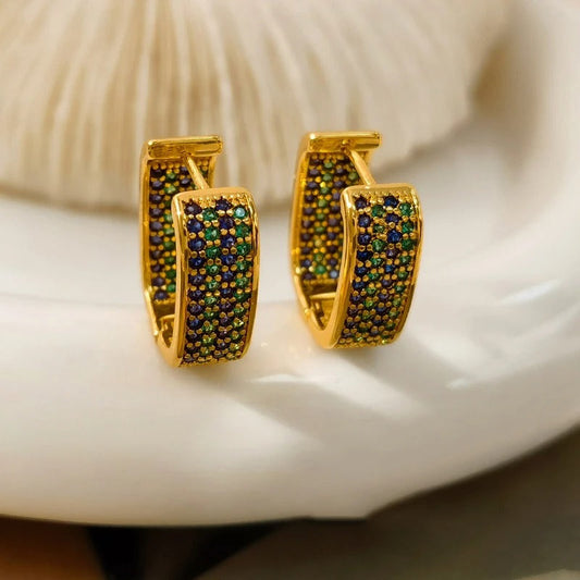 Vintage Gold & Multicolor Zircon Square Earrings-Maryam Jewelry
