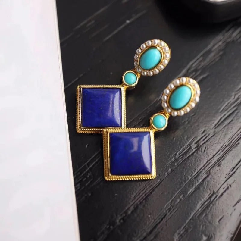 Retro Gold & Lapis Square Blue Gemstone Dangle Earrings-Maryam Jewelry