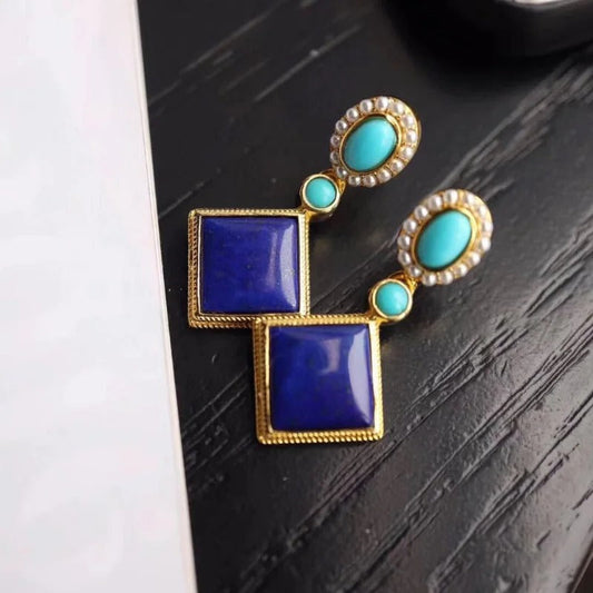 Retro Gold & Lapis Square Blue Gemstone Dangle Earrings-Maryam Jewelry