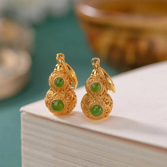 Vintage Gold & Green Gemstone Gourd Drop Earrings-Maryam Jewelry
