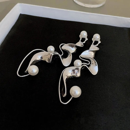 Vintage Pearl Abstract Silver Earrings-Maryam Jewelry