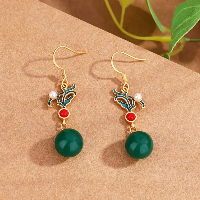 Retro Gold & Green Pearl Red Bead Drop Earrings-Maryam Jewelry