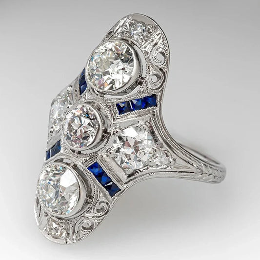 Vintage White Gold Blue & White Ring-Maryam Jewelry