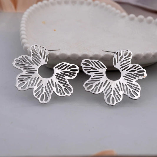 Silver Hollow Leaves Flower Earrings-Maryam Jewelry