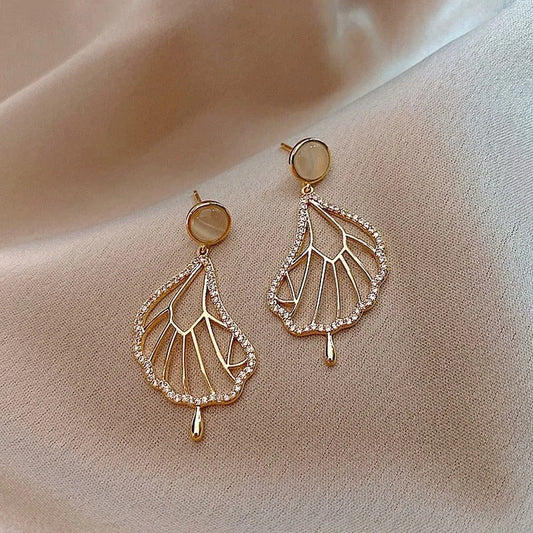 Gold Crystal Leaf Drop Earrings-Maryam Jewelry
