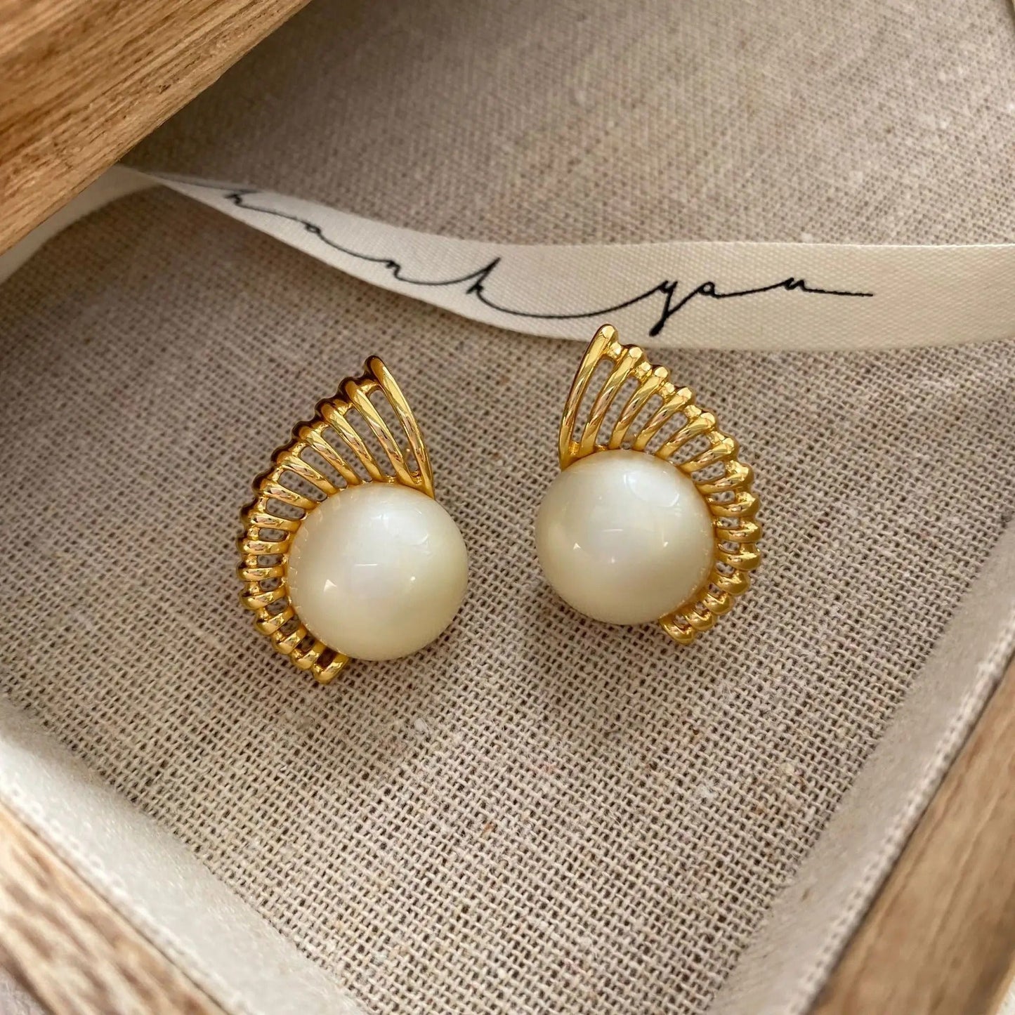 Gold Radiant White Round Pearl Earrings-Maryam Jewelry