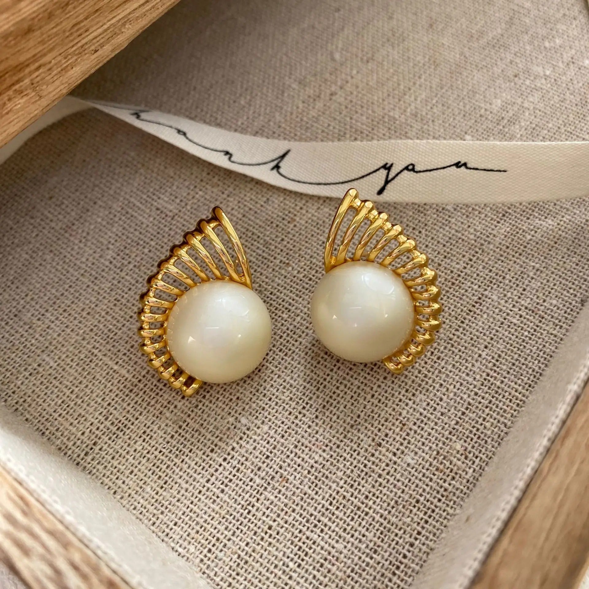 Gold Radiant White Round Pearl Earrings-Maryam Jewelry