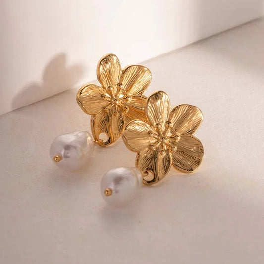 Gold Plated Flower Pearlescent Drop Earrings-Maryam Jewelry