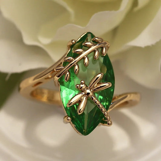 Gold Green Gemstone & Dragonfly Ring-Maryam Jewelry