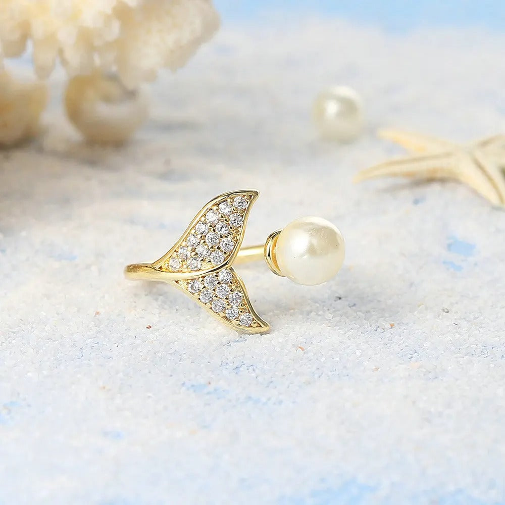 Gold Mermaid Tail Shimmering Pearl Accent Ring-Maryam Jewelry