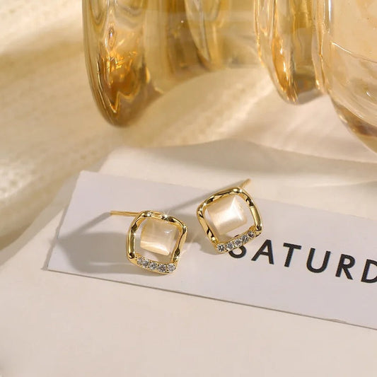 Vintage Gold Square Pearl Opal Earrings-Maryam Jewelry