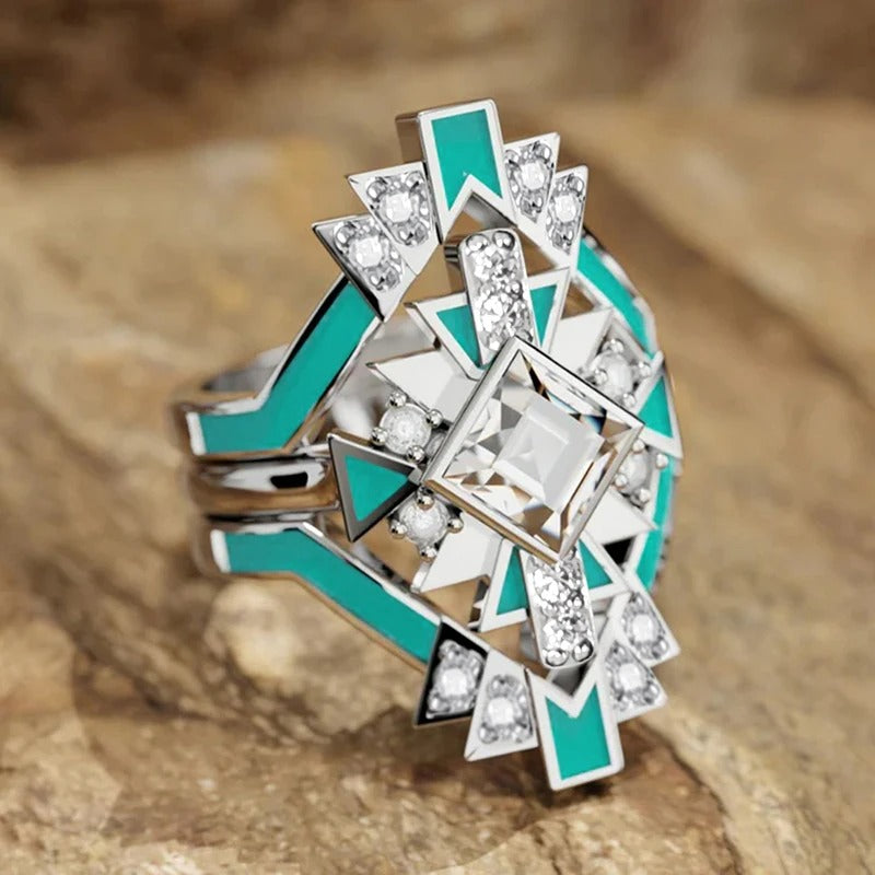 Silver Geometric Turquoise Gemstone Ring-Maryam Jewelry
