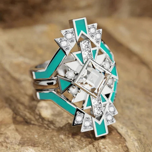 Silver Geometric Turquoise Gemstone Ring-Maryam Jewelry