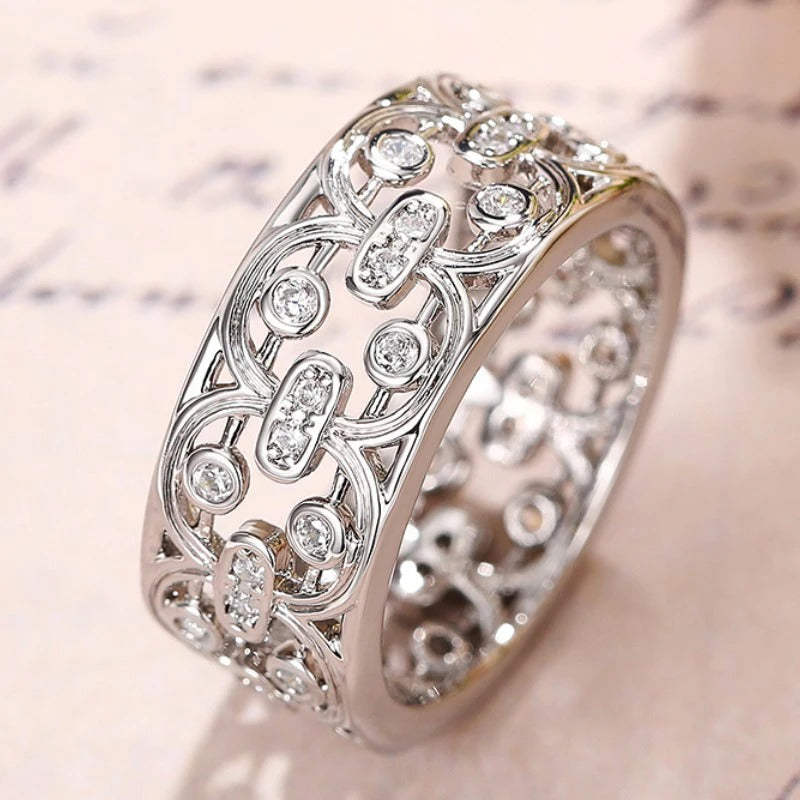 Silver Crystal Inlay Lace Pattern Ring-Maryam Jewelry