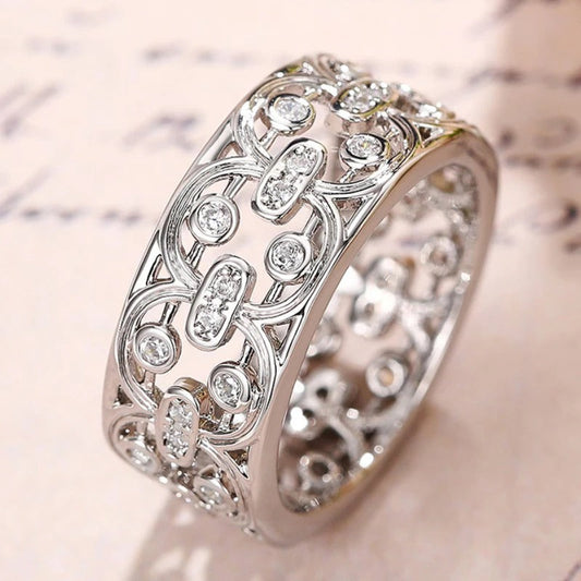 Silver Crystal Inlay Lace Pattern Ring-Maryam Jewelry