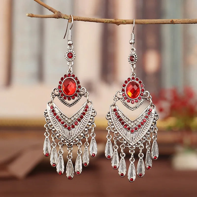 Silver Vintage Boho Red Crystal Earrings-Maryam Jewelry