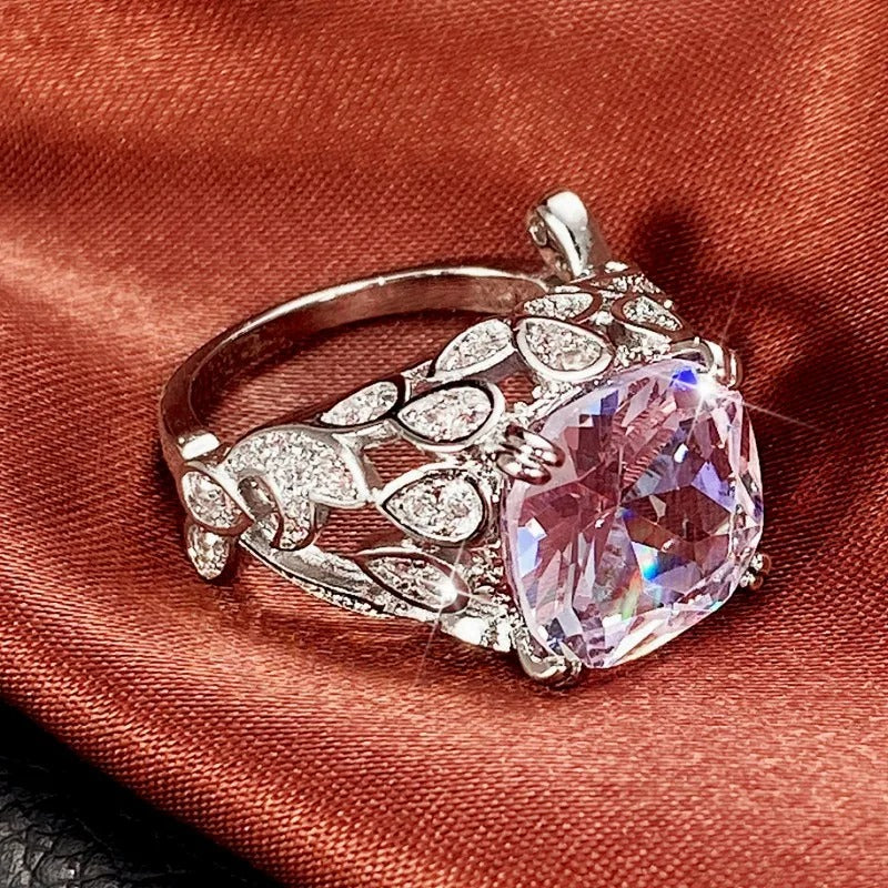 Silver Cushion Purple Gemstone Leaf Crystal Ring-Maryam Jewelry