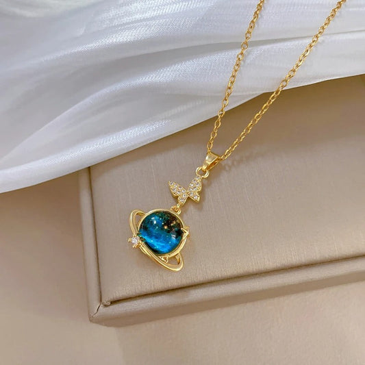 Vintage Gold Planet & Butterfly Pendant Necklace-Maryam Jewelry