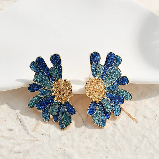 Vintage Blue Glitter Flower Gold Earrings-Maryam Jewelry