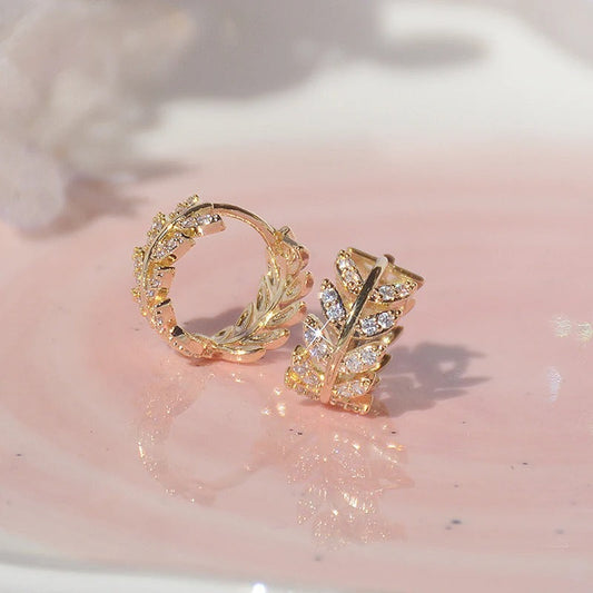 Gold & Shiny Crystal Leaf Hoop Earrings-Maryam Jewelry