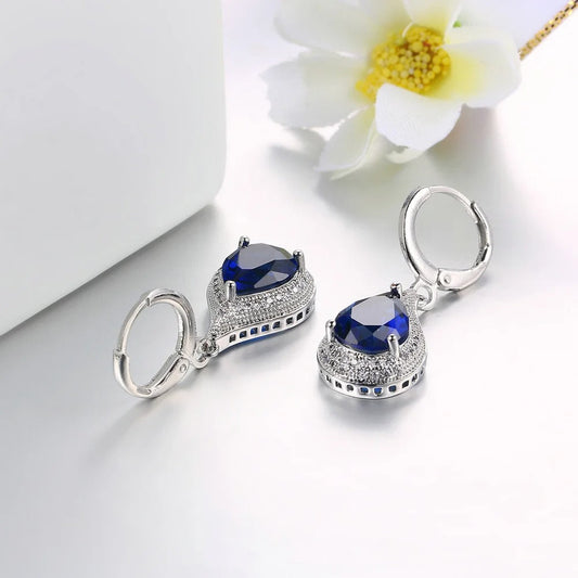 Classic Silver Blue Stone Drop Earrings-Maryam Jewelry