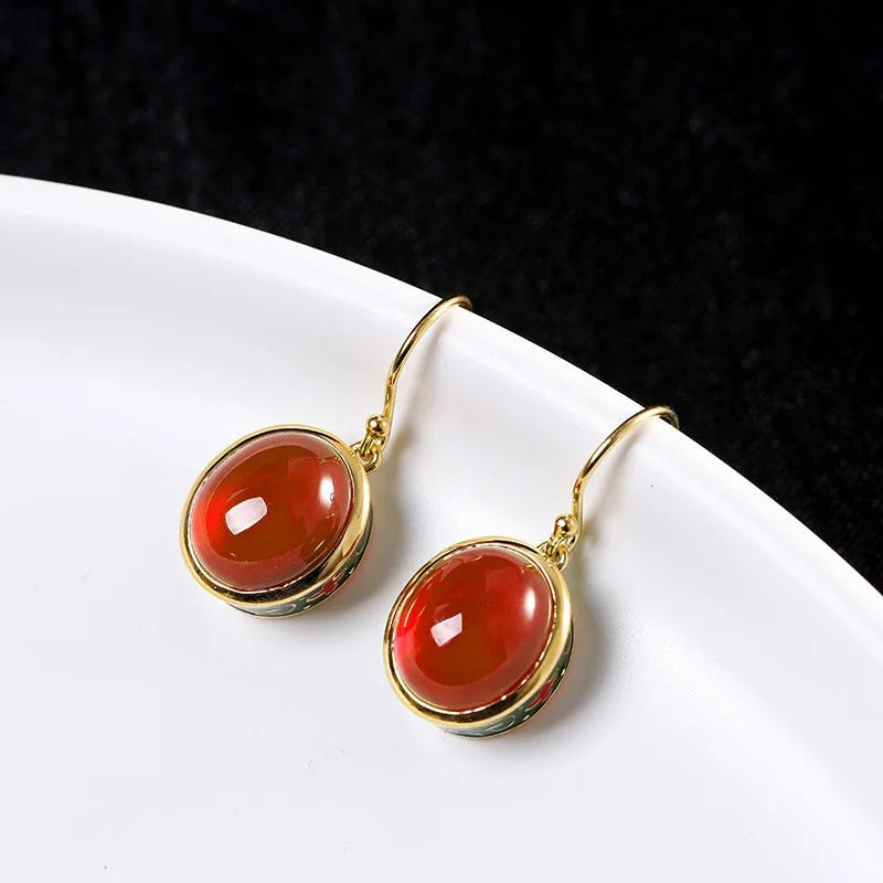 Vintage Gold & Red Oval Gemstone Ruby Drop Earrings-Maryam Jewelry