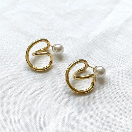 Gold & Pearl Loop Twist Earrings-Maryam Jewelry