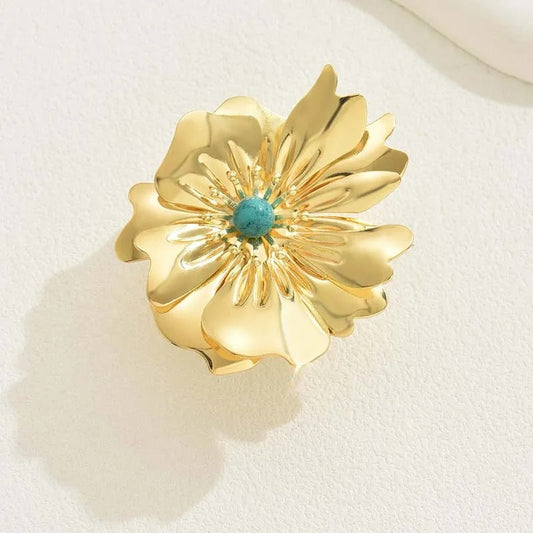 Gold Flower Central Turquoise Gem Adjustable Ring-Maryam Jewelry