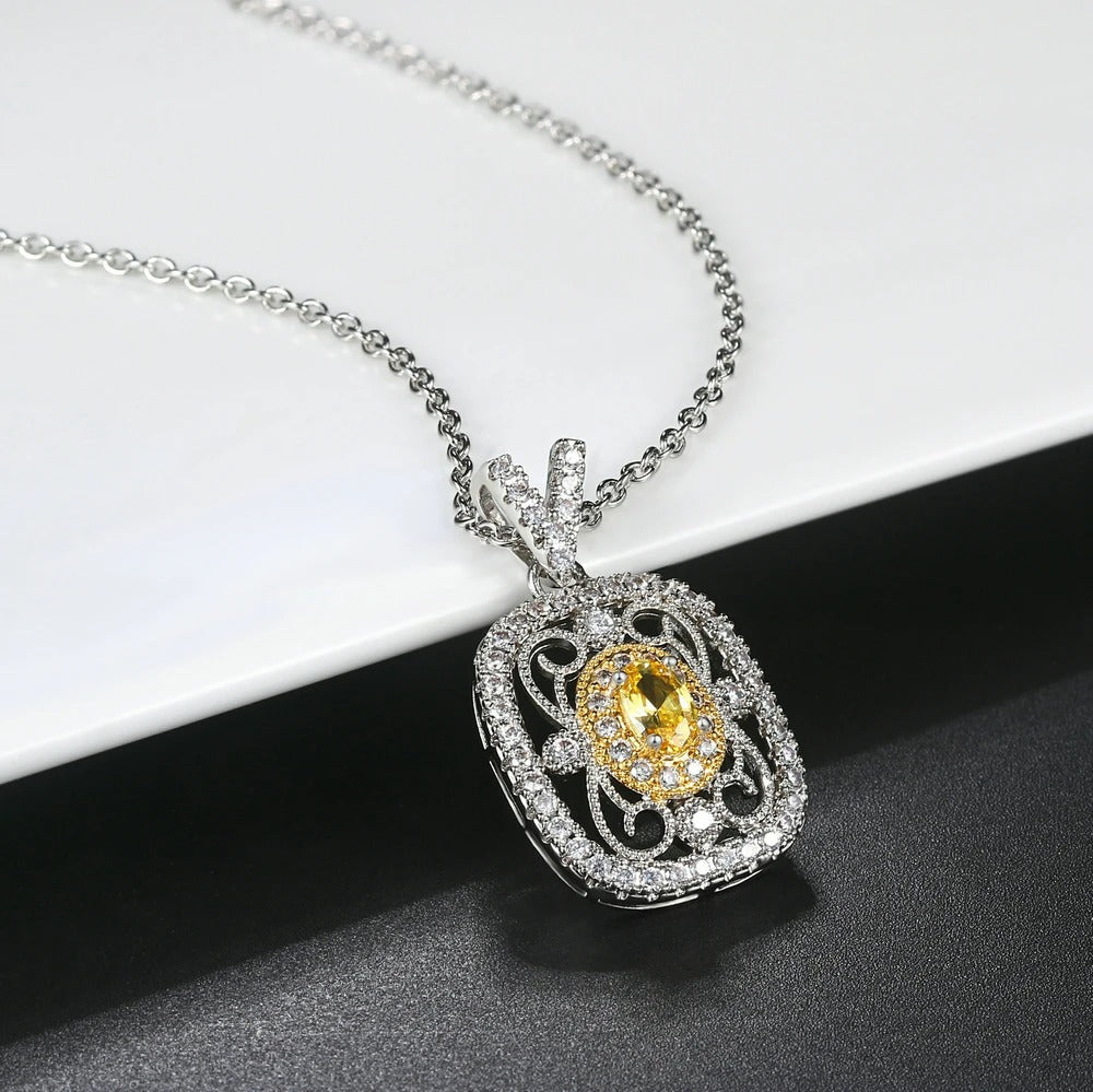 Retro Silver Yellow Gemstone & Crystal Surround Necklace-Maryam Jewelry
