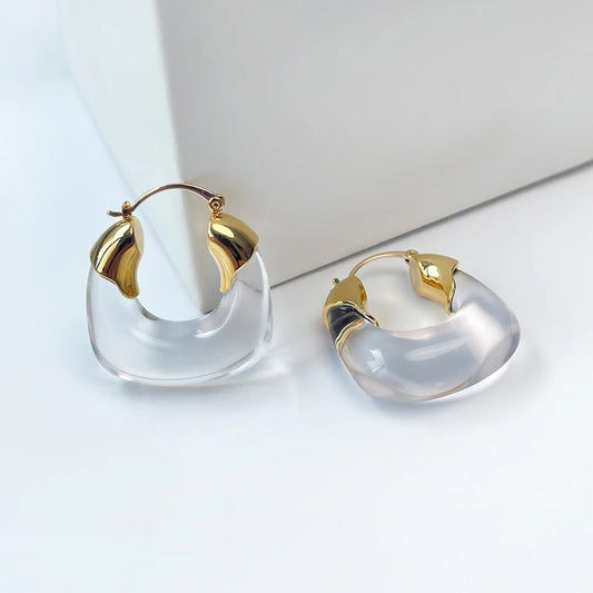 Gold & Clear U-Shaped Hoop Earrings-Maryam Jewelry