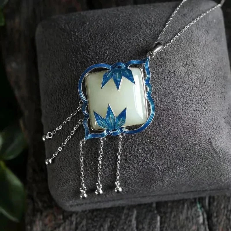 Vintage Silver Blue Floral & White Gem Pendant Necklace-Maryam Jewelry
