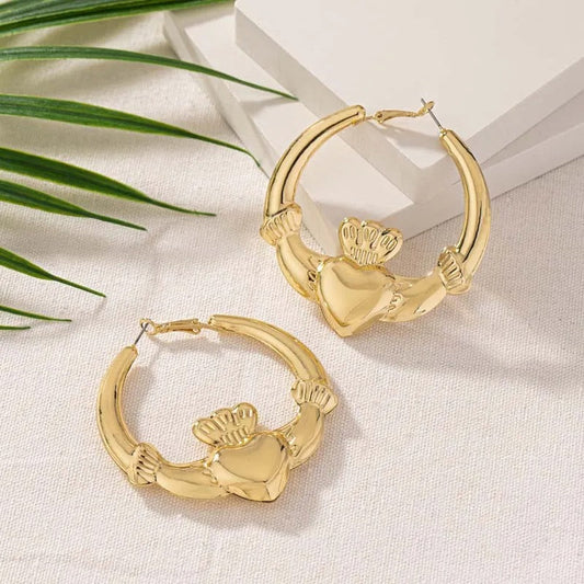Gold Heart-Shaped Winged Hoop Earrings-Maryam Jewelry