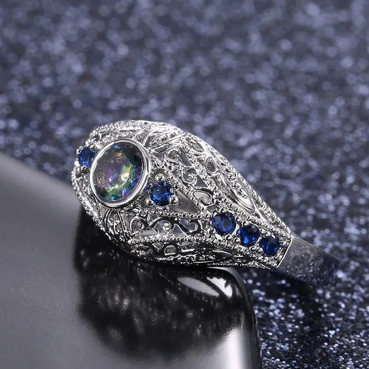 Vintage Silver & Blue Crystal Ring-Maryam Jewelry