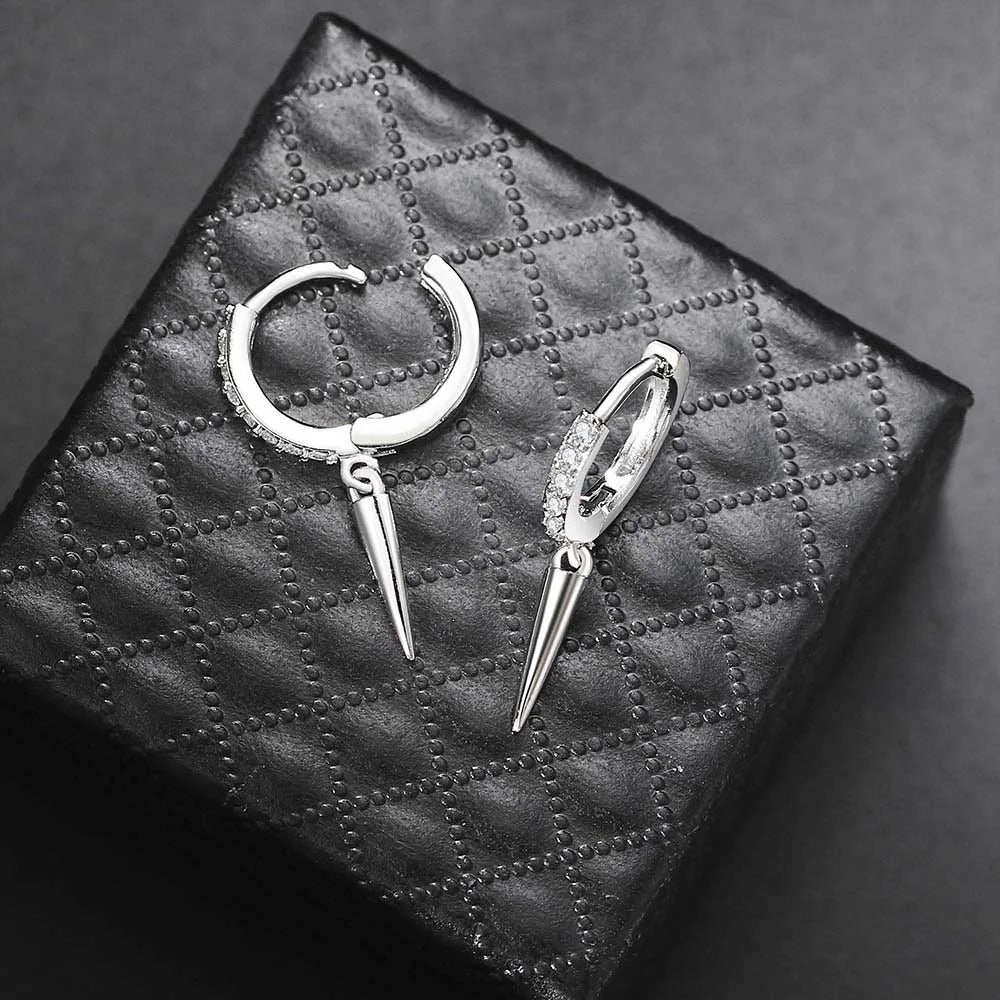 Silver Spiked Drop & Sparkling Crystal Hoop Earrings-Maryam Jewelry